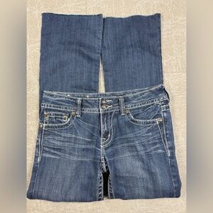 Miss Me Rhinestone Angle Wing Stone Boot Cut Raw Hem Women’s Jean Sz 29